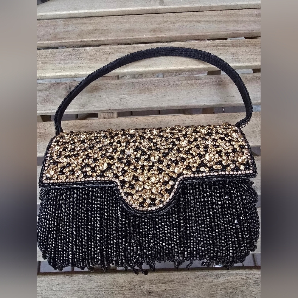Elegant Black and Gold Beaded Handbag